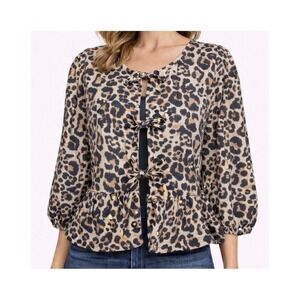 Sim Sam Leopard Print Bow Tie Front Peplum Hem Ruffled Coquette S 100% Cotton